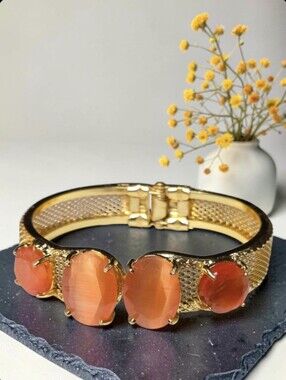 18k Gold Plated Artisan Tangerine Tourmaline Lattice Mesh Clamper Bracelet
